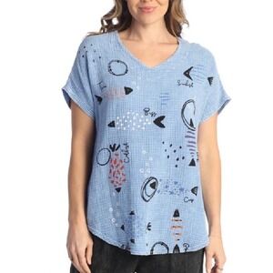 Jess & Jane Bahamas Print Gauze Top NWT 100% Colton Large Blue M104-1823